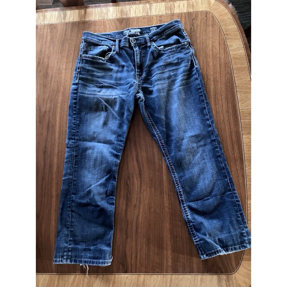Mens Buckle BKE Jake Jeans 34S Blue Straight Leg Distressed Stretch Denim 34x26